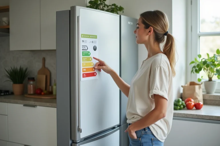 Femme examinant l'étiquette de classe énergétique d'un réfrigérateur moderne dans une cuisine contemporaine