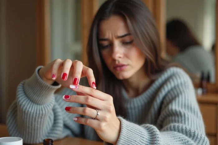 Jeune femme examinant ses ongles abîmés avec des taches blanches à sa coiffeuse en bois