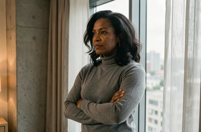 Femme debout près d'une fenêtre urbaine, posture fermée et regard détourné symbolisant le silence et la distance dans une relation mère-enfant