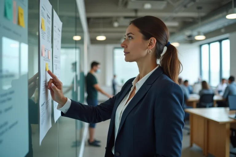 Femme cadre en entreprise analysant des documents stratégiques sur un tableau de verre dans un open space moderne, illustrant l'intrapreneuriat en milieu professionnel