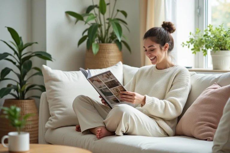 Femme souriante lisant un magazine lifestyle et humour dans un salon scandinave moderne