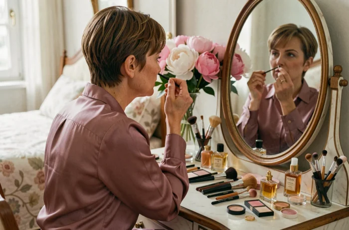 Femme élégante se maquillant devant une coiffeuse vintage, astuces beauté et maquillage quotidien