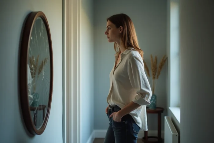 Femme contemplant un miroir tombé dans un couloir, réflexion sur la signification spirituelle