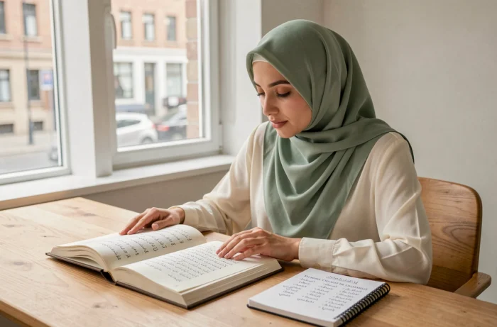 Jeune femme musulmane consultant un livre de prénoms islamiques rares pour son fils