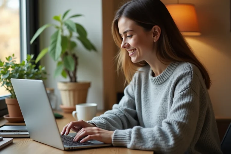 Femme naviguant sur le plan de site Masca Online depuis un bureau à domicile bien organisé