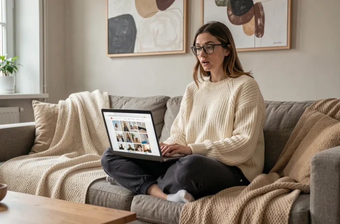 Jeune femme parcourant un album de photos publiques sur un ordinateur portable dans un salon scandinave