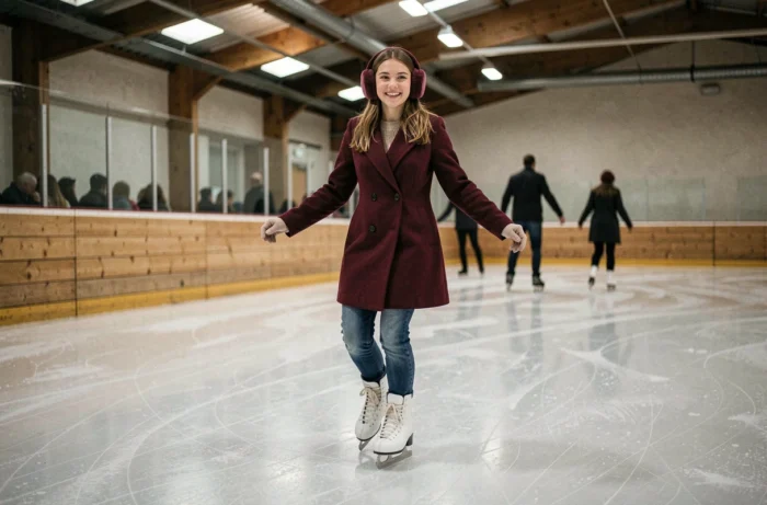 Jeune femme patinant avec élégance sur une patinoire intérieure à Lyon en manteau bordeaux et patins blancs
