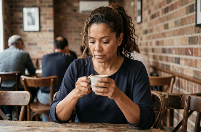 Femme d'âge mûr assise seule dans un café parisien, regard pensif et expression silencieuse évoquant une relation complexe mère-fils