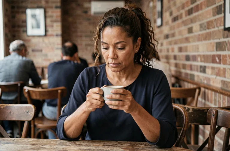 Femme d'âge mûr assise seule dans un café parisien, regard pensif et expression silencieuse évoquant une relation complexe mère-fils