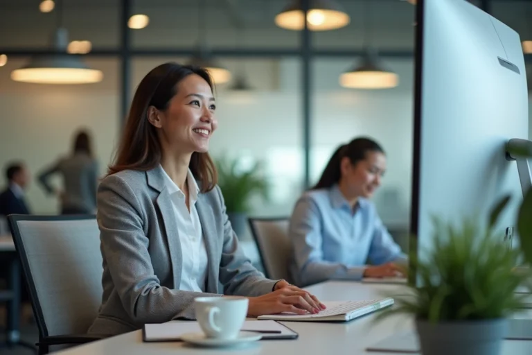 Femme professionnelle utilisant un LMS d'entreprise sur un ordinateur dans un bureau moderne