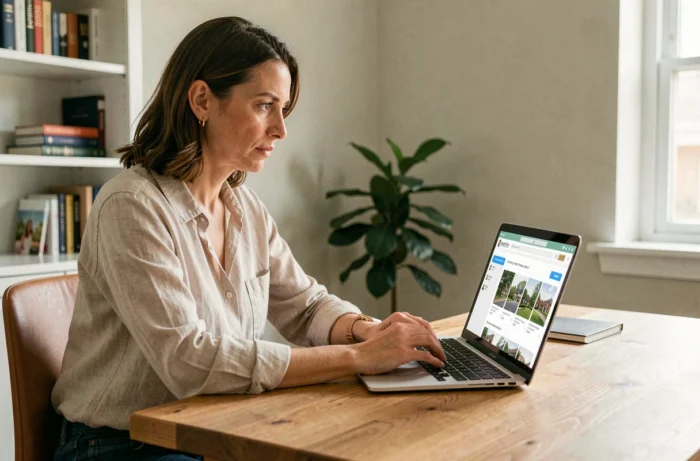 Femme consultant des annonces immobilières en ligne sur un ordinateur portable dans un bureau à domicile