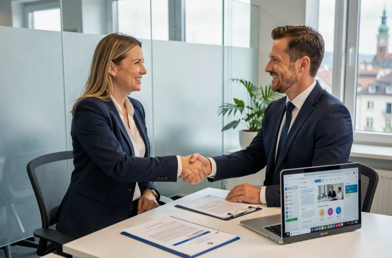 Une femme professionnelle serre la main d'un recruteur dans une agence de placement suisse moderne