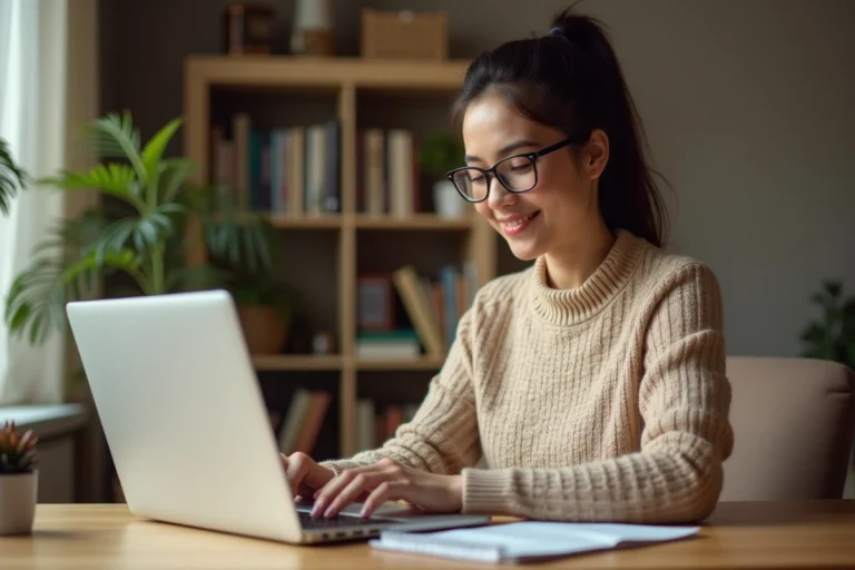 Femme rédigeant un avis client sur son ordinateur portable dans un bureau à domicile moderne