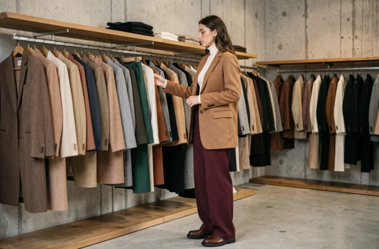 Jeune femme élégante en blazer camel et pantalon bordeaux explorant des vêtements tendance dans une boutique parisienne minimaliste