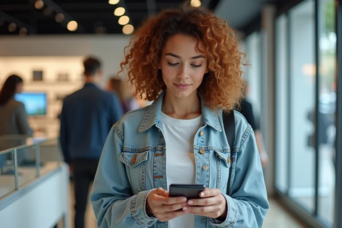 Femme découvrant les dernières tendances tech et smartphones pliables dans un magasin high-tech moderne