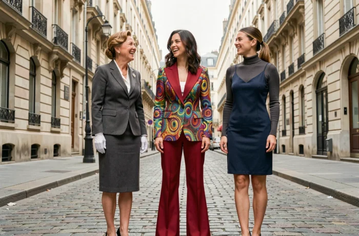Trois femmes habillées dans des styles de mode des années 1950, 1970 et 1990 posant ensemble dans une rue parisienne historique
