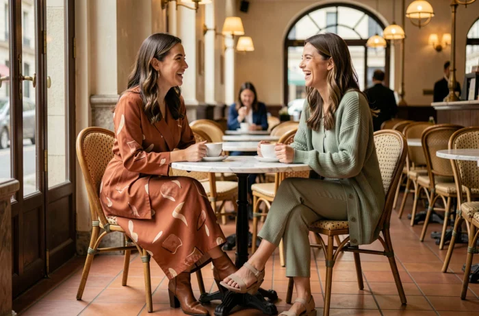 Deux femmes tendance en robe wrap et co-ord tricoté sauge riant autour d'un café dans un élégant café parisien