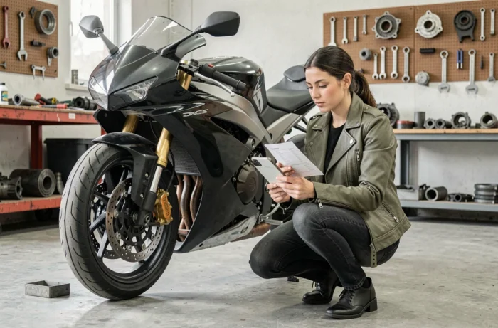 Femme consultant la fiche technique de sa moto sur smartphone dans un garage