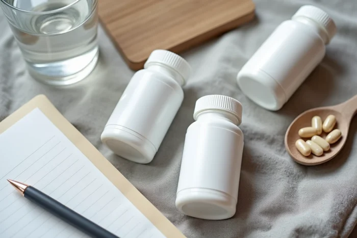 Présentation de flacons de compléments alimentaires Maxmedix avec notes de test et capsules sur tissu gris