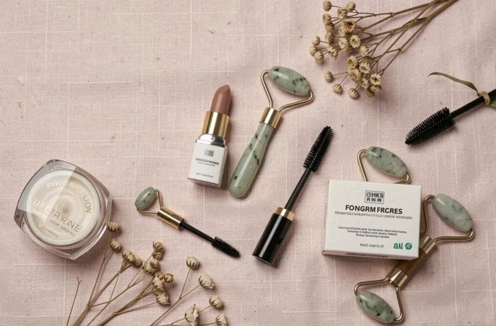 Flat lay de produits de beauté et soins essentiels sur fond de lin rose, tendances maquillage et skincare