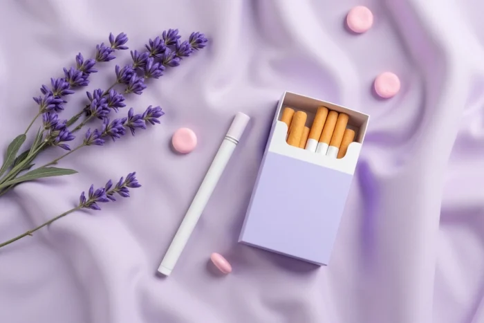 Flat lay élégant avec cigarette Vogue Lilas, lavande séchée et bonbons pastels sur tissu lilas