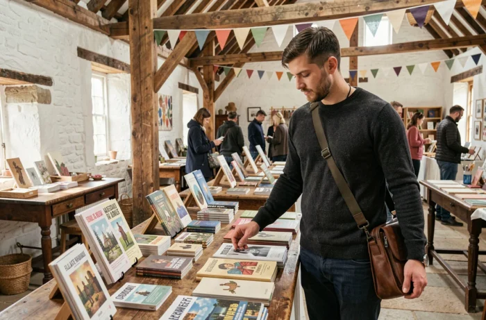 Artisan installant son stand lors d'une foire culturelle dans une grange normande restaurée