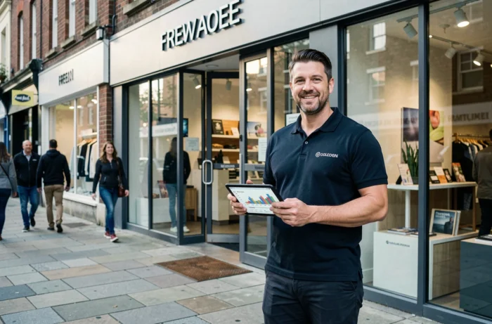 Un franchisé devant la façade de sa nouvelle boutique en franchise dans une rue commerçante animée