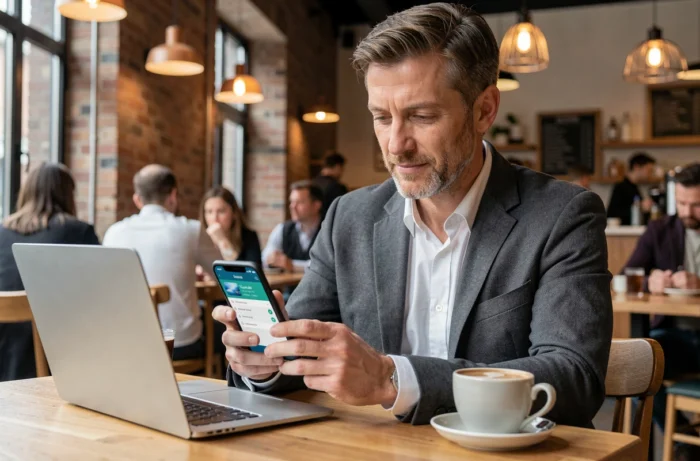 Un homme consulte ses comptes et services bancaires en ligne via l'application mobile Société Générale