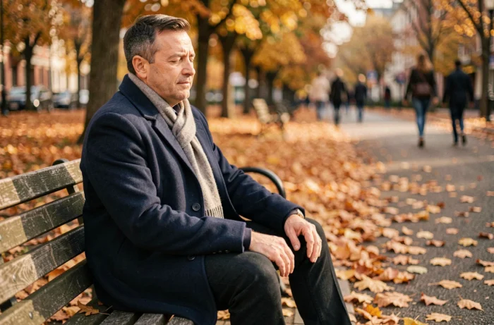 Homme pratiquant la gestion des émotions en plein air, assis seul dans un parc en automne, expression apaisée