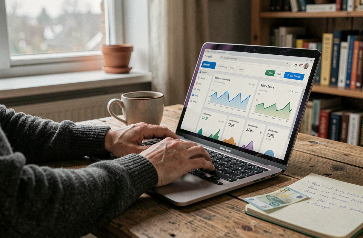 Personne gérant son épargne en ligne sur un tableau de bord bancaire européen sécurisé depuis son bureau à domicile