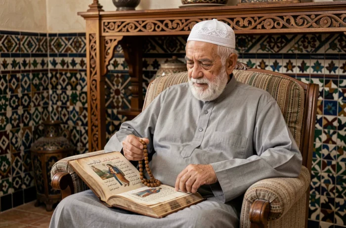 Grand-père musulman feuilletant un manuscrit de prénoms arabes classiques et rares pour garçons