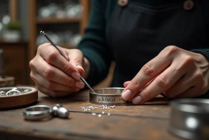 Gravure artisanale d'un bijou en argent avec une date personnalisée dans un atelier de joaillerie traditionnel
