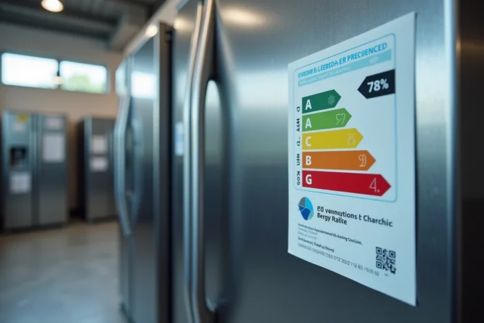 Gros plan sur une étiquette énergétique européenne collée sur la porte d'un réfrigérateur en magasin électroménager