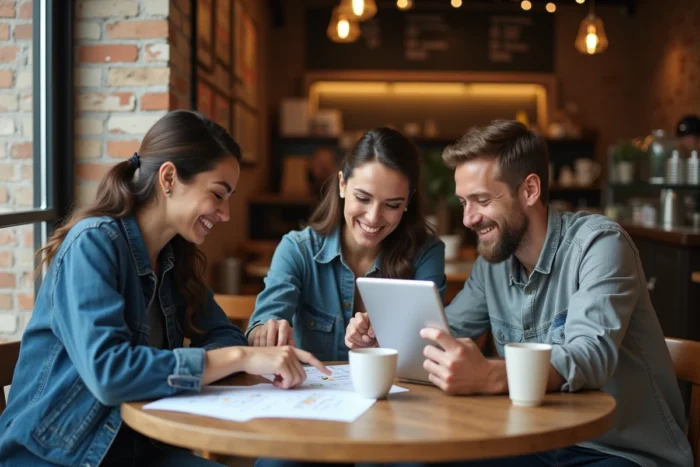 Groupe de personnes analysant des avis clients et témoignages dans un café urbain