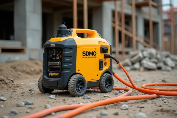 Groupe électrogène SDMO Phoenix 3000 posé sur un chantier de construction avec câbles orange branchés et décor de graviers et béton brut
