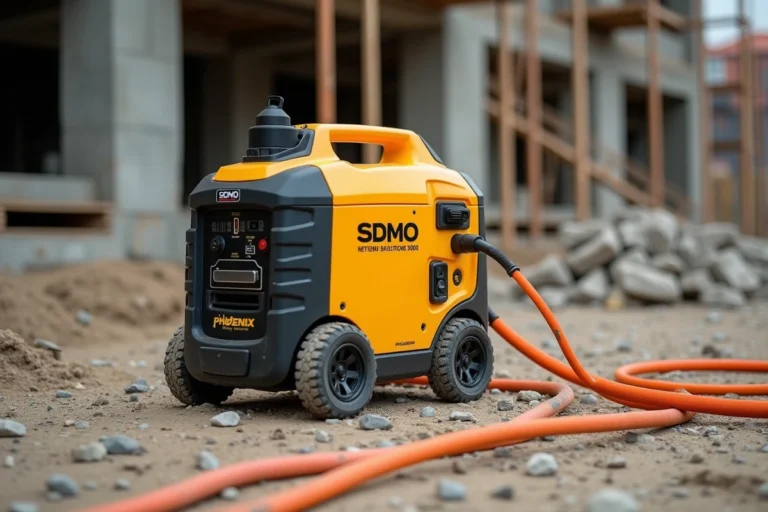 Groupe électrogène SDMO Phoenix 3000 posé sur un chantier de construction avec câbles orange branchés et décor de graviers et béton brut