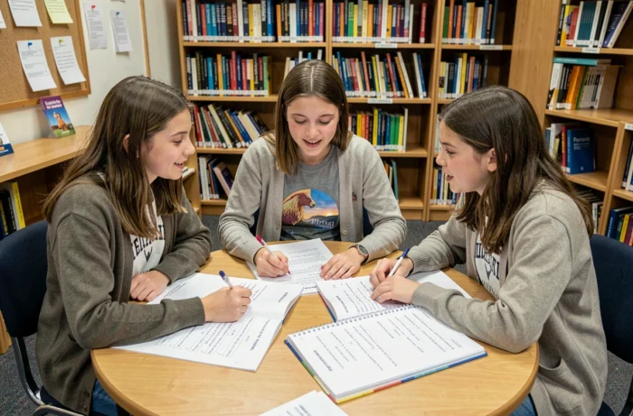 Groupe de collégiens de 6ème collaborant sur des sujets de rédaction en français dans une bibliothèque scolaire, entourés de cahiers et de fiches d'exercices