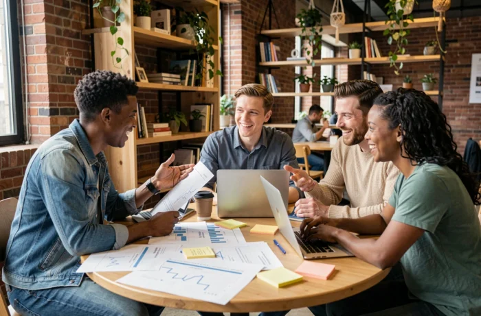 Un groupe d'entrepreneurs en discussion autour d'un projet de franchise dans un espace de coworking moderne