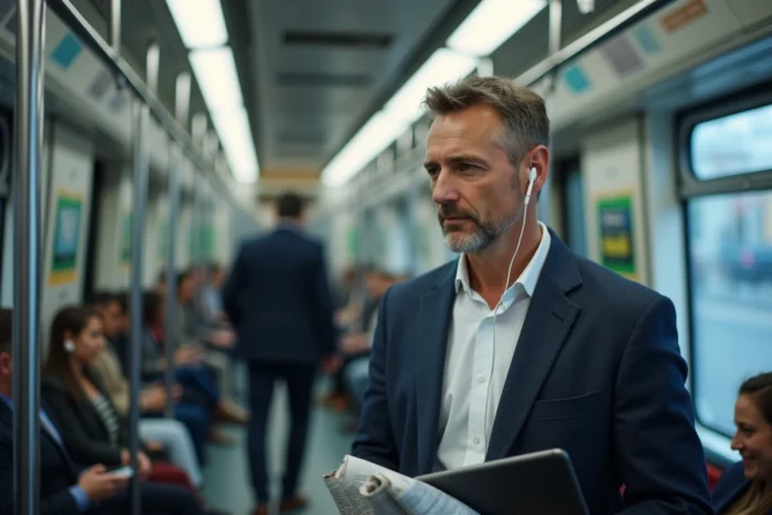 Homme d'affaires lisant les informations dans le métro avec une tablette et un journal