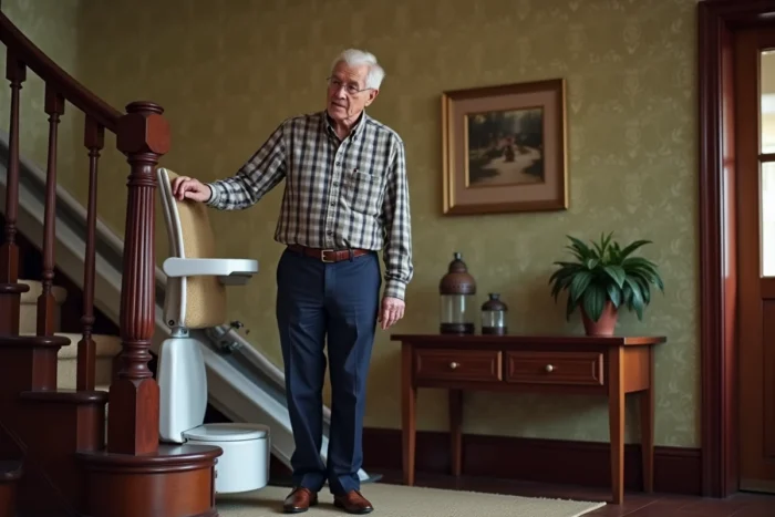 Homme âgé découvrant la télécommande d'un monte-escalier courbe dans sa maison traditionnelle