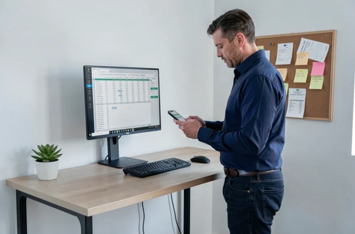 Homme consultant une application de finances personnelles sur smartphone dans un bureau à domicile minimaliste