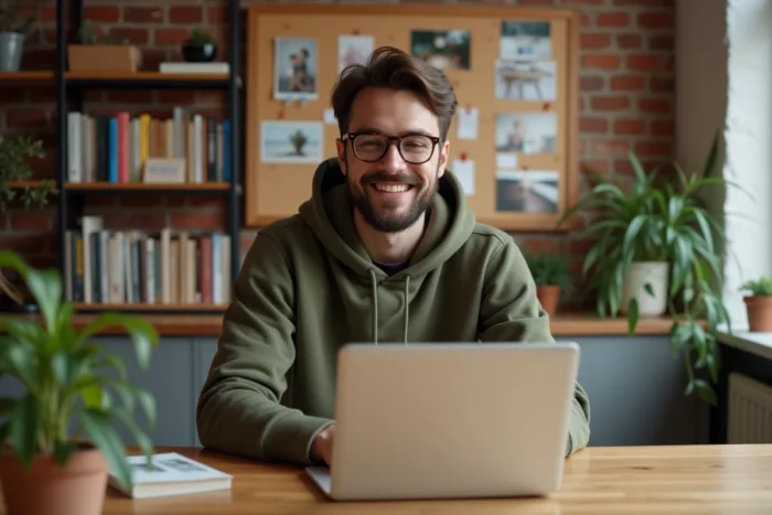 Jeune homme souriant devant un blog lifestyle et humour dans un bureau à domicile minimaliste