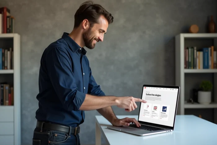 Homme consultant le site officiel de Brikstok ex Flozor pour découvrir les avantages du changement de nom sur son ordinateur portable