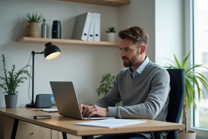 Homme consultant le site CESU en ligne depuis son bureau à domicile