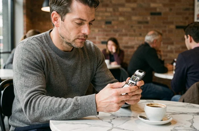 Homme consultant une galerie de photos publiques sur smartphone dans un café urbain