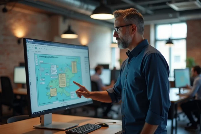 Homme consultant un plan de site structuré sur grand écran dans un espace de coworking moderne
