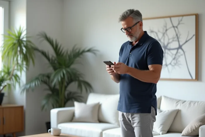 Homme consultant des témoignages clients sur smartphone dans un salon contemporain