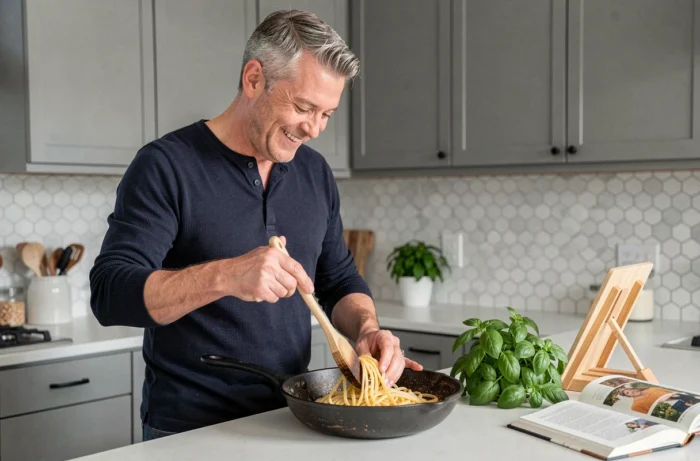 Homme souriant en train de cuisiner des pâtes fraîches maison dans une cuisine moderne