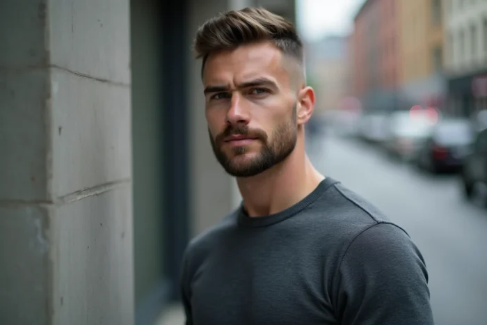 Homme jeune avec une coupe dégradé bas et barbe soignée dans un environnement urbain