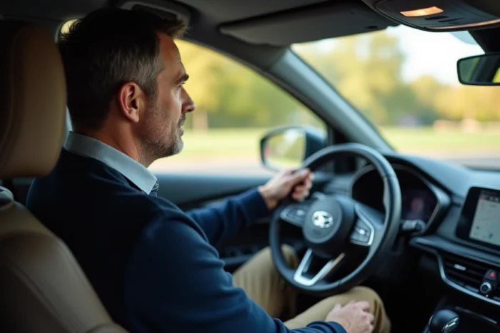 Homme au volant d'un SUV compact lors d'un essai routier avant l'achat d'un véhicule